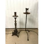 LATE 19TH CENTURY PAINTED CHURCH CANDLE STAND AND ANTIQUE IRON CANDLE HOLDER, THE TALLEST 92CMS