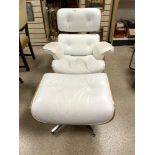 EAMES STYLE SWIVEL BENTWOOD AND WHITE LEATHER ARMCHAIR AND MATCHING STOOL