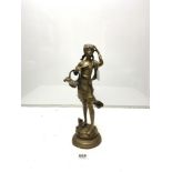 A 20TH CENTURY BRONZE FIGURE OF A WOMAN WITH A BASKET OF FRUIT, 42CMS