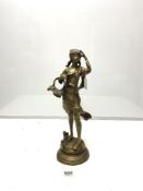 A 20TH CENTURY BRONZE FIGURE OF A WOMAN WITH A BASKET OF FRUIT, 42CMS