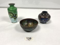 JAPANESE CLOISONNE BOWL, 12CMS AND TWO CLOISONNE ENAMEL VASES