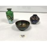 JAPANESE CLOISONNE BOWL, 12CMS AND TWO CLOISONNE ENAMEL VASES