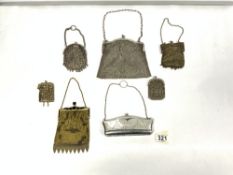 SILVER-PLATED EVENING PURSE, AND SIX VINTAGE CHAIN EVENING PURSES