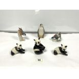THREE USSR FIGURES OF PANDA BEARS AND ONE PENGUIN, A GOEBEL BIRD FIGURE AND ANOTHER