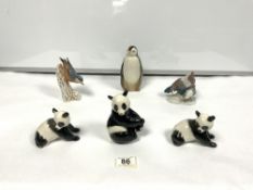 THREE USSR FIGURES OF PANDA BEARS AND ONE PENGUIN, A GOEBEL BIRD FIGURE AND ANOTHER
