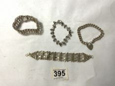 THREE HALLMARKED SILVER BRACELETS WITH ONE WHITE METAL BRACELET, TOTAL WEIGHT 116 GRAMS