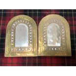 A PAIR OF EASTERN BRASS ARCH TOPPED WALL MIRRORS, 28.5 X 38CMS