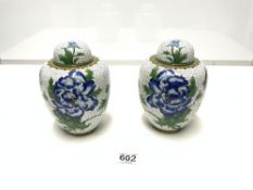 PAIR OF CLOISONNE GINGER JARS AND COVERS WITH BIRD AND FLORAL DETAILING,18CMS