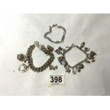 THREE SILVER 925 BRACELETS TWO WITH CHARMS, 21 IN TOTAL, 129 GRAMS