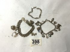 THREE SILVER 925 BRACELETS TWO WITH CHARMS, 21 IN TOTAL, 129 GRAMS
