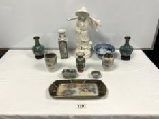 PAIR OF 20TH CENTURY CLOISONNE VASES ON STANDS, 14CMS, JAPANESE VASE, AND WHITE FIGURE OF JAPANESE