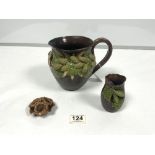 RYE POTTERY HOP JUG, 16CMS, SMALL RYE POTTERY HOP VASE,AND A SMALL POTTERY BASKET