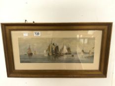 THOMAS BUSH HARDY (1842-1897) - SAILING BOATS 'OFF THE NORFOLK COAST' - SIGNED, 47 X 16CMS