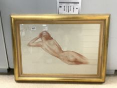 A SEPIA STUDY OF A RECLINING NUDE, SIGNED N J FORREST, 74 X 49CMS