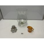 HEAVY CUT GLASS INKWELL WITH BRASS COLLAR, A CLEAR GLASS CELERY VASE, AND CARNIVAL GLASS JUG
