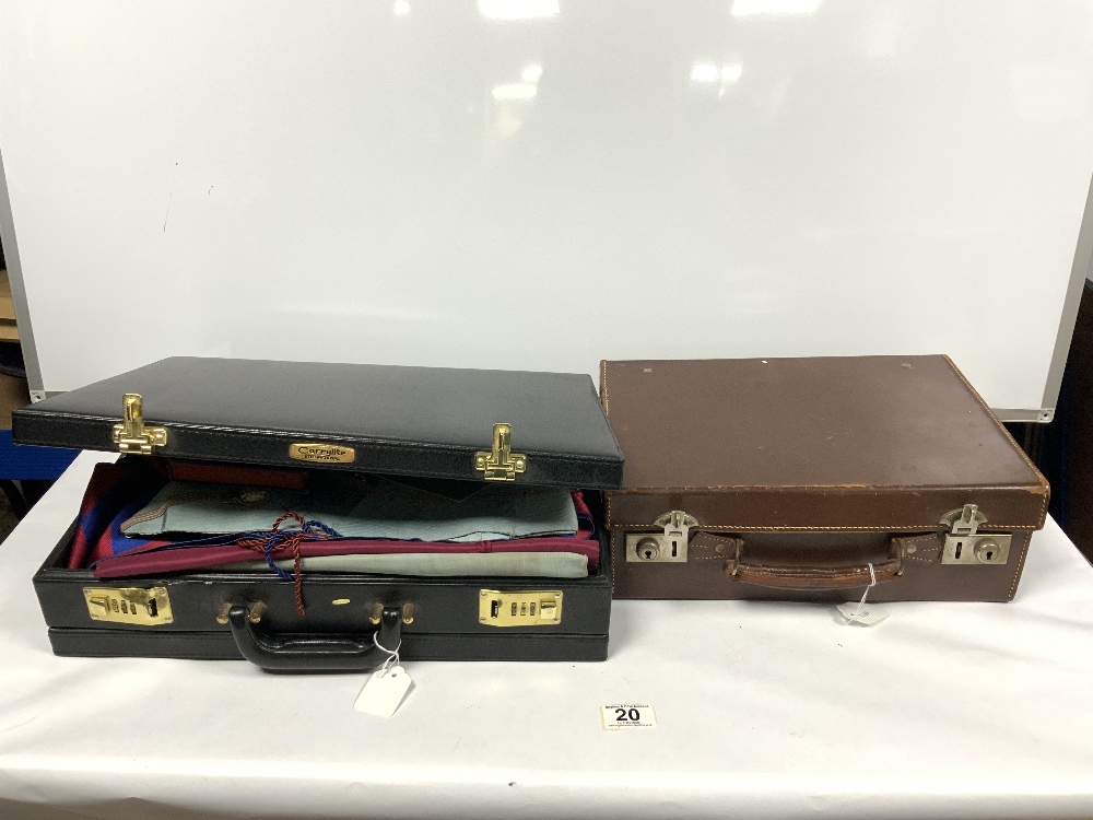 MASONIC REGALIA IN BOX, INCLUDES GOWN MEDALS, ETC AND A SMALL BROWN CASE