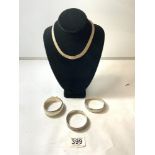 THREE HALLMARKED SILVER BANGLES WITH A 925 SILVER CLEOPATRA STYLE NECKLACE, 120 GRAMS