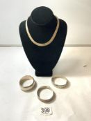 THREE HALLMARKED SILVER BANGLES WITH A 925 SILVER CLEOPATRA STYLE NECKLACE, 120 GRAMS