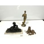 A SMALL BRONZE SCULPTURE OF A HORSE, A BRONZE OF A GIRL READING, AND A BRASS FIGURE