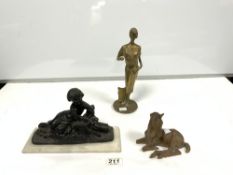 A SMALL BRONZE SCULPTURE OF A HORSE, A BRONZE OF A GIRL READING, AND A BRASS FIGURE