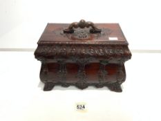 MAHOGANY DOME TOP BOX WITH ORNATE BRASS INLAID DECORATION, 30CMS WIDE