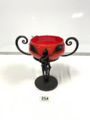 ART NOUVEAU STYLE IRON STAND WITH RED GLASS BOWL, 22CMS