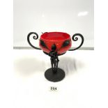 ART NOUVEAU STYLE IRON STAND WITH RED GLASS BOWL, 22CMS