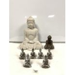 WHITE RESIN BUDDHA FIGURE 36CMS, AND SIX SILVER PAINTED BUDDHAS AND ONE OTHER