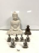 WHITE RESIN BUDDHA FIGURE 36CMS, AND SIX SILVER PAINTED BUDDHAS AND ONE OTHER