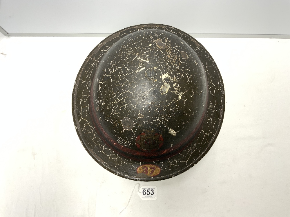 BRITISH WWII STEEL BRODIE HELMET FOR THE NATIONAL FIRE SERVICE WITH NUMBER 37 ON PEAK A CRUDELY - Image 3 of 4