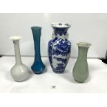 CHINESE BLUE AND WHITE VASE (A/F), 39CMS, A TURQUOISE VASE, CELDON VASE AND A LLANC DE CHIN VASE