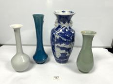 CHINESE BLUE AND WHITE VASE (A/F), 39CMS, A TURQUOISE VASE, CELDON VASE AND A LLANC DE CHIN VASE