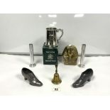 BRASS TUTANKHAMUN HEAD, TWO METAL SHOE PIN CUSHIONS, A PAIR OF ALUMINUM POSY VASES, PEWTER TANKARD