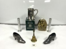 BRASS TUTANKHAMUN HEAD, TWO METAL SHOE PIN CUSHIONS, A PAIR OF ALUMINUM POSY VASES, PEWTER TANKARD