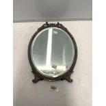 OVAL VANITY EASEL MIRROR WITH BEVELLED GLASS AND ORNATE PLATED FRAME, 39 X 29CMS