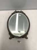 OVAL VANITY EASEL MIRROR WITH BEVELLED GLASS AND ORNATE PLATED FRAME, 39 X 29CMS