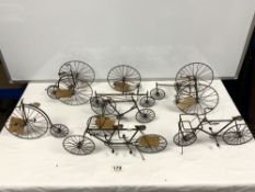 SEVEN METAL WIRE MODELS OF VINTAGE BICYCLES - PENNY FARTHING, RACING TRICYCLE, AND TANDEM WITH