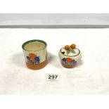 TWO CLARICE CLIFF. BIZARRE ' CROCUS' PATTERN JAM POTS ONE WITH A LID MISSING