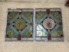 PAIR OF COLOURED LEADED LIGHT WINDOWS, WITH CIRCULAR CENTRAL PANEL WITH BIRD DETAILING 1 AF, 48 X