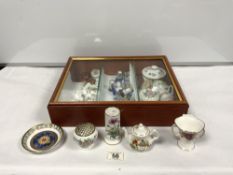 COLLECTION OF PORCELAIN THIMBLES, MINIATURE TEA WARE ETC