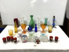 PAIR OF CRYSTAL GLASS CANDLESTICKS 21CMS, AND A QUANTITY OF COLOURED GLASSWARE