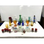 PAIR OF CRYSTAL GLASS CANDLESTICKS 21CMS, AND A QUANTITY OF COLOURED GLASSWARE