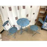 A VINTAGE DESIGN METAL CAFE TABLE AND TWO FOLDING CHAIRS