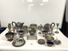 QUANTITY OF PLATED WARES - TEA SET, PAIR OF CANDLESTICKS, HAND MIRROR ETC