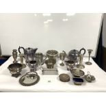 QUANTITY OF PLATED WARES - TEA SET, PAIR OF CANDLESTICKS, HAND MIRROR ETC