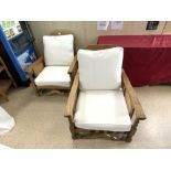 A PAIR OF 1930S OAK ADJUSTABLE BERGERE ARM CHAIRS WITH LOOSE CUSHIONS