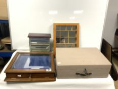 GLAZED OAK TABLETOP DISPLAY CABINET 42 X 36CMS A PAINTED BOX AND TWO SMALL DISPLAY CABINETS