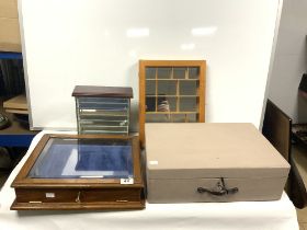 GLAZED OAK TABLETOP DISPLAY CABINET 42 X 36CMS A PAINTED BOX AND TWO SMALL DISPLAY CABINETS