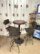 A METAL BISTRO SET - COMPRISING A BOTTLE TOP TABLE AND THREE BAR STOOLS