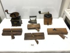 TWO VINTAGE COFFEE GRINDERS, MOULDING PLANES, AND A FLAT IRON